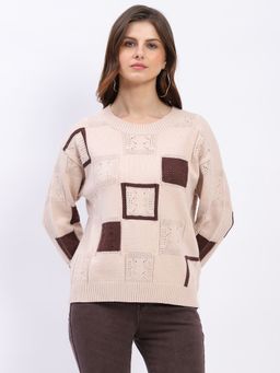 Global Republic - Beige Check Round Neck Pullover for Women