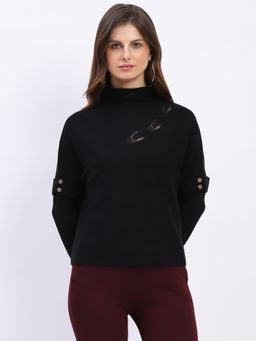 Global Republic - Black Solid High Neck Pullover for Women