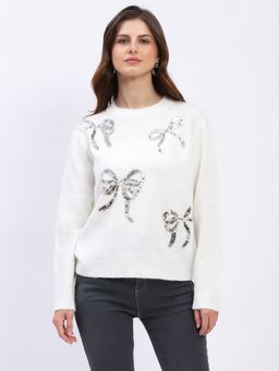 Global Republic - White Embellished Round Neck Pullover for Women