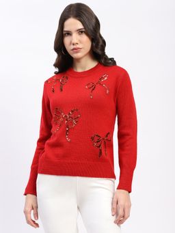 Global Republic - Red Embellished Round Neck Pullover for Women
