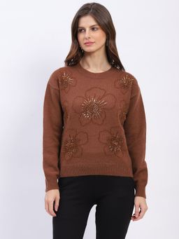 Global Republic - Brown Embellished Crew Neck Pullover for Women