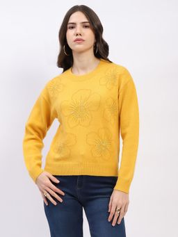 Global Republic - Yellow Embellished Crew Neck Pullover for Women