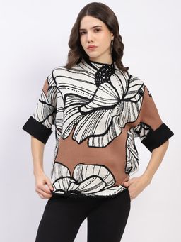 Global Republic - Brown Floral Print High Neck Pullover for Women