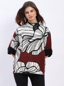 Global Republic - Maroon Floral Print High Neck Pullover for Women