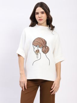 Global Republic - White Embellished High Neck Pullover for Women