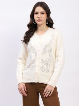 Global Republic - Cream Embellished Front Open Cardigan for Women