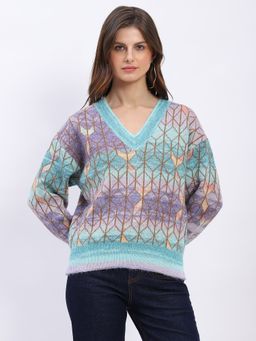 Global Republic - Multi-Color Printed V-Neck Pullover for Women