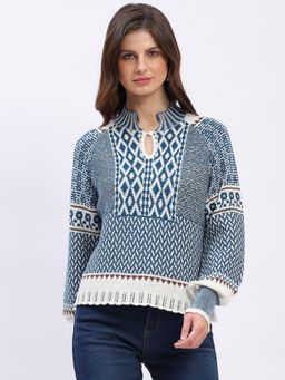 Global Republic - Blue Woven Stand Collar Pullover for Women