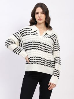 Global Republic - Off White Printed Collar Pullover for Women