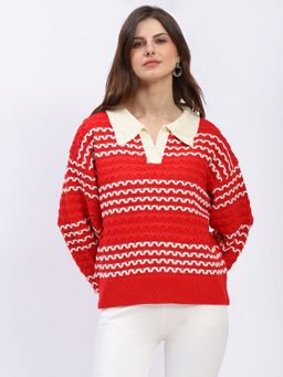 Global Republic - Red Woven Shirt Collar Pullover for Women