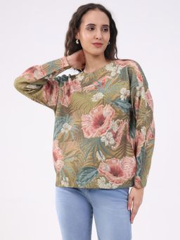 Global Republic - Multi-Color Floral Print Crew Neck Pullover for Women