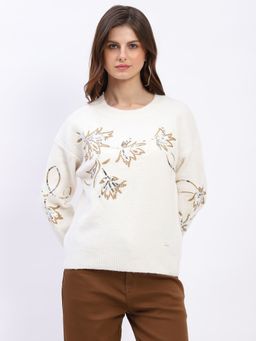 Global Republic - White Sequin Round Neck Pullover for Women