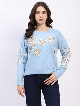 Global Republic - Blue Sequin Round Neck Pullover for Women
