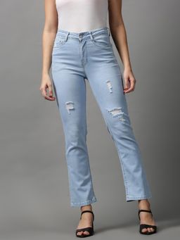 SHOWOFFFF - Womens Mildly Distressed Regular Fit Blue Denim Jeans
