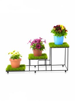 Kuber Industries - Black 3 Tier Metal Planter Stand with Green Grass