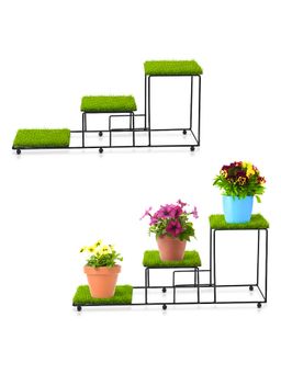 Kuber Industries - Black Metal 3 Tier Planter Stands with Green Grass (Pack of 2)