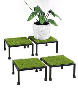 Kuber Industries - Black Square Metal Planter Stands with Green Grass (Pack of 4)