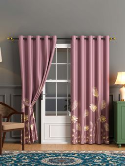 Kuber Industries - Golden Leaf Foil Lavender Blackout Door Curtains (Pack of 2) (7 Feet)