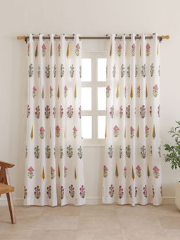 The Home Story - Off White Jaipur Garden Printed Cotton Door Curtains (Pack of 2) (7 Feet)