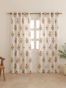 The Home Story - Off White Saffron Bloom Printed Cotton Door Curtains (Pack of 2) (7 Feet)