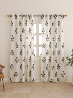 The Home Story - Off White Blue Meadow Printed Cotton Door Curtains (Pack of 2) (7 Feet)