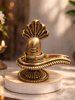 eCraftIndia - Gold Brass Shivling Statue with Snake