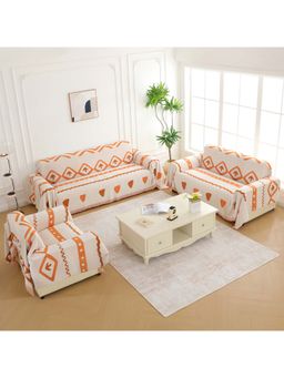 Story@Home - Beige & Orange Chenille Sofa Covers (Pack of 3)