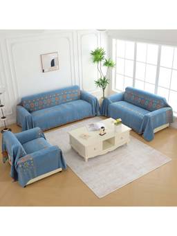 Story@Home - Sky Blue & Orange Chenille Sofa Covers (Pack of 3)