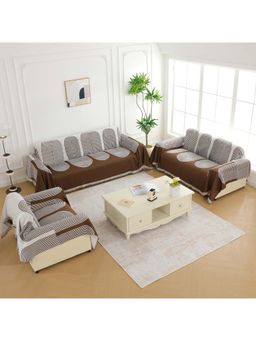 Story@Home - Brown & Off White Chenille Sofa Covers (Pack of 3)