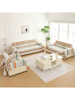 Story@Home - Off White Orange & Green Chenille Sofa Covers (Pack of 3)