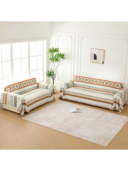 Story@Home - Off White Orange & Green Chenille Sofa Covers (Pack of 2)