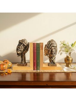 eCraftIndia - Gold Resin Handmade Human Face with Hand Showpieces Wooden Book End
