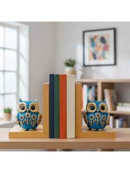 eCraftIndia - Blue Owl Statue for Good Luck Showpiece & Wooden Book End