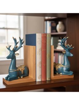 eCraftIndia - Blue Resin Reindeer Sculptures Showpiece & Wooden Book End