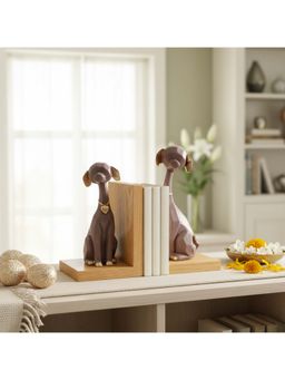 eCraftIndia - Brown Set of 2 Cute Dog Statues Animal Showpiece & Wooden Book End