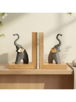 eCraftIndia - Grey Set of 2 Cute Elephant Statues Animal Showpiece & Wooden Book End