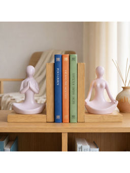eCraftIndia - White Yoga Lady Statues Decorative Showpiece & Wooden Book End