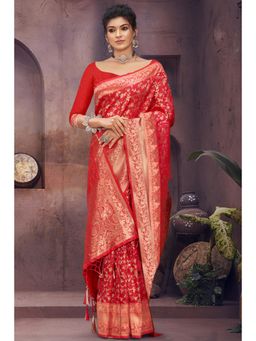 Sangam Prints - Red Silk Woven Zari Work Traditional Tassel Saree with Unstitched Blouse