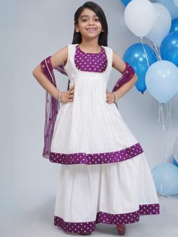 Little Bansi - with Chanderi Silk Kurta Frock with Sharara and Dupatta - White