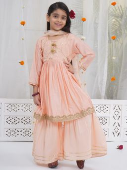 Little Bansi - with Chanderi Silk Woven Floral Kurta Sharara with Dupatta - Peach