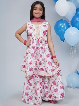 Little Bansi - Muslin Kurta Frock with Sharara and Dupatta - Cream