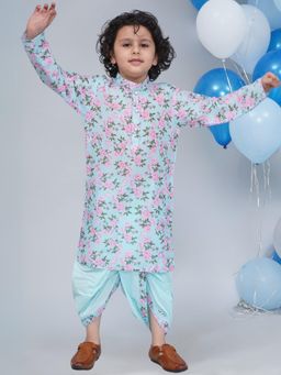 Little Bansi - Muslin Woven Floral Butterfly Kurta and Dhoti - Sky Blue