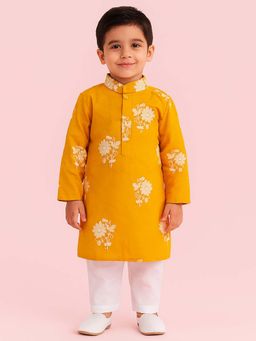Tiny Pants - Boys Mustard Yellow Kurta with Pyjama with White Floral Print