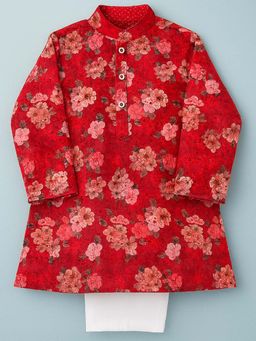 Tiny Pants - Boys Red Floral Printed Kurta with Pyjama - Festive Ethnic Wear