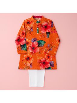 Tiny Pants - Boys Orange Floral Kurta with Pyjama with Vibrant Print