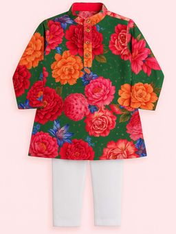Tiny Pants - Boys Green Kurta with Pyjama Bold Multicolour Floral Print