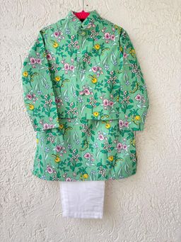Tiny Pants - Boys Mint Green Kurta with Pyjama and Jacket Pastel Floral Print