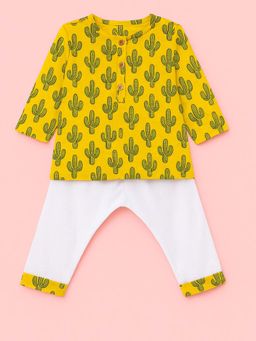 Tiny Pants - Unisex Yellow Cactus Print Cotton Sleepwear Kurta with Pyjama