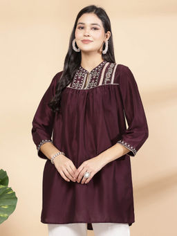 Nayam by lakshita - Womens Solid Mandarin Collar Tunic Wine