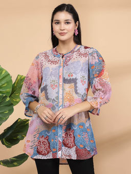 Nayam by lakshita - Womens Printed Front Open Tunic With Lace Detailing Peach